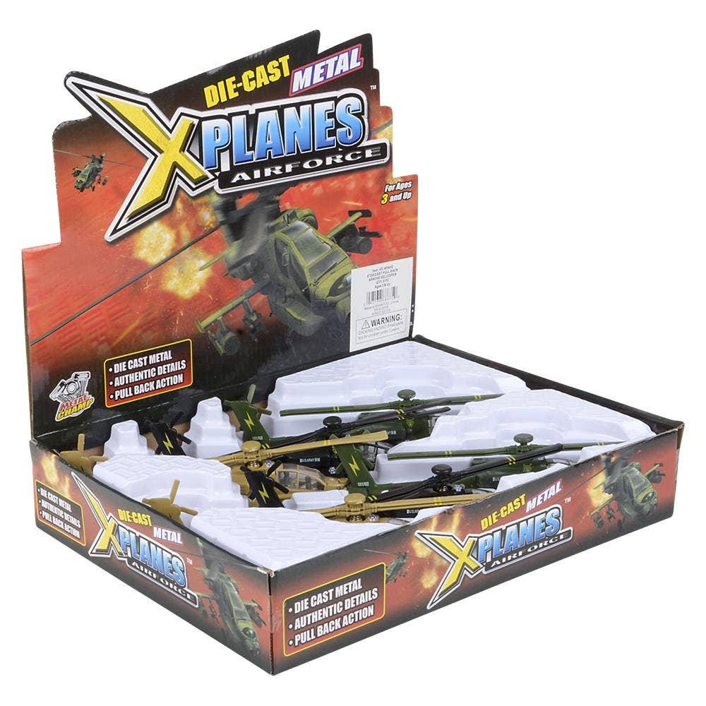 8" Diecast Pull Back Apache Helicopter