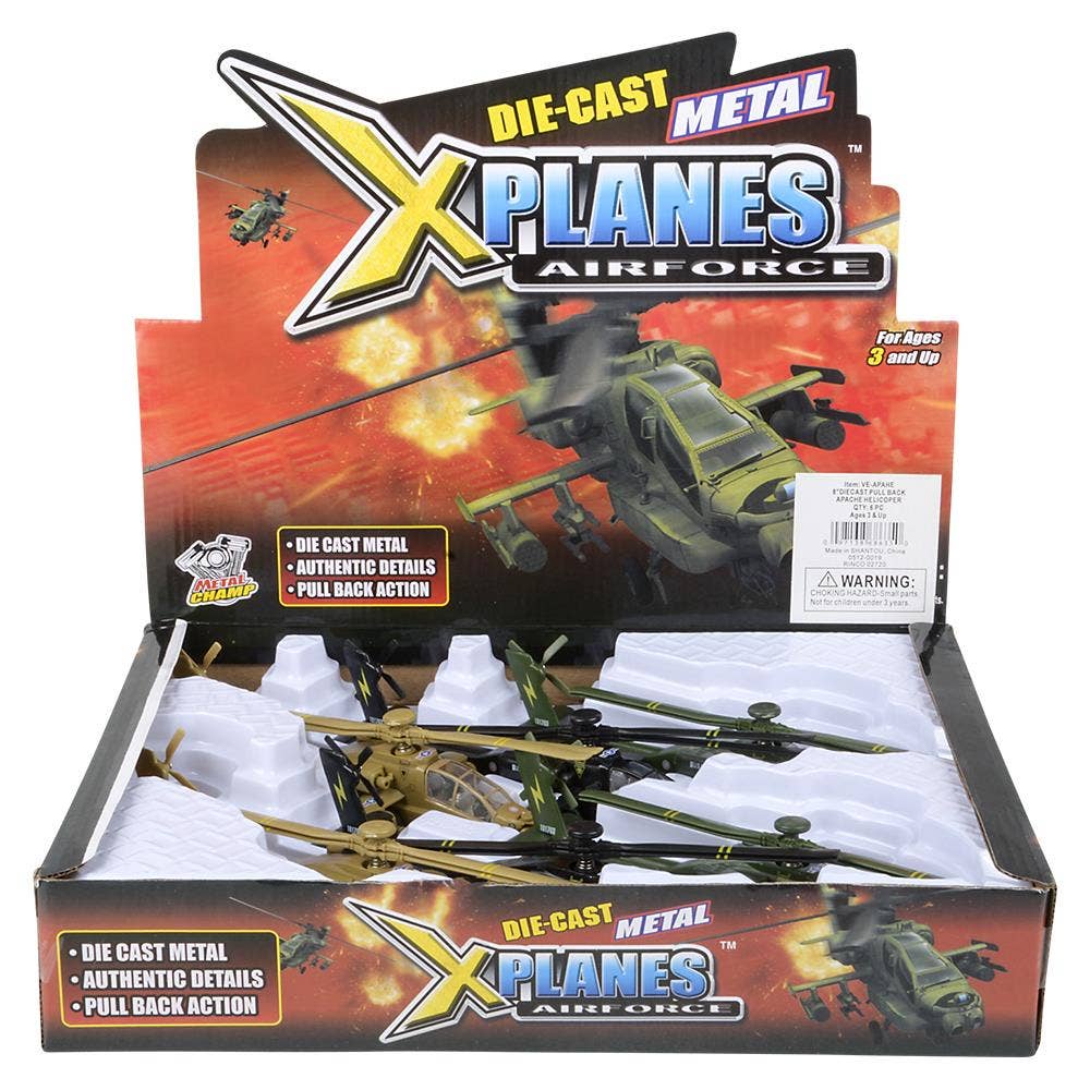 8" Diecast Pull Back Apache Helicopter